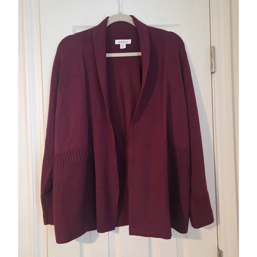 Liz Claiborne Womens XL Cardigan Sweater Burgundy Open Front Shawl Collar Ribbed